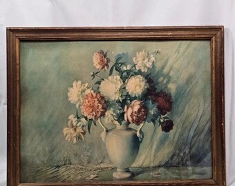 Vintage Floral Still Life Print Wood Frame Cottage Wall Art