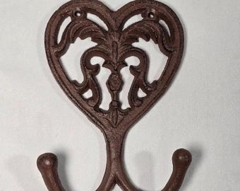Cast Iron Heart Wall Hook Rustic Double Coat Hanger Farmhouse Decor