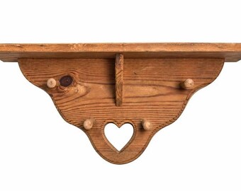 Vintage Wood Heart Wall Shelf Peg Rack 27" Country Cottage Decor