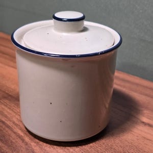 May include: A cylindrical ceramic canister with a speckled off-white finish and a matching lid. The rim of the canister and the edge of the lid feature a thin, dark blue painted line. The lid has a small, centered knob for easy handling.