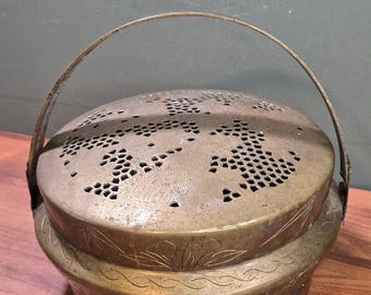 Antique Chinese Brass Hand Warmer | 8" Etched Floral Pierced Lid Brazier