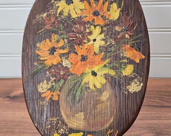 Vintage 70s Floral Oil Painting Oval Wood Plaque Still Life Flower Bouquet Art