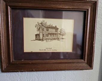 Vintage Asheland House Lithographie, gerahmte Architekturkunst, Rock Hill South Carolina