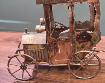 Vintage Metal Copper Model T Car Music Box Mid Century Brutalist Jalopy Art