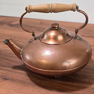 Vintage Gregorian Solid Copper Tea Kettle Teapot Wood Handle Colonial Decor