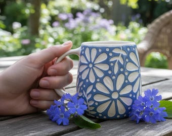 Blue Sgraffito Ceramic Mug – Handmade Floral Stoneware Coffee Cup
