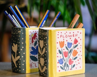 Portalápices de cerámica hecho a mano - Organizador de escritorio de cerámica - Decoración de escritorio de oficina