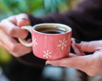 Handmade Snowflake Pottery Espresso Cup in Green and Red, Winter Edition