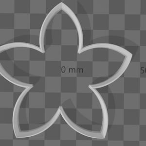 May include: A white, five-petal flower-shaped cookie cutter. The cutter is made of a light-colored plastic and is set against a gray checkered background. The cutter is approximately 2 inches wide.