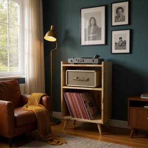 Op de afbeelding: Een woonkamer met een houten platenspelerstandaard, een Marshall-luidspreker en een platenspeler. Een bruine leren fauteuil, een gouden vloerlamp en ingelijste zwart-witfoto's zijn ook zichtbaar.