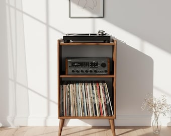 Tocadiscos de madera moderno de mediados de siglo con almacenamiento de vinilos, borde redondeado suave