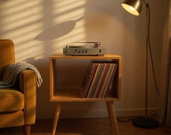 Mid Century Modern Record Player Stand, Customizable Vinyl Storage