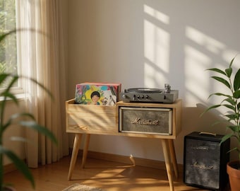 Mid Century Modern Record Player Stand, Customizable Vinyl Storage
