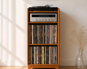 Handgefertigter, hoher Plattenspielerständer aus Holz im Mid-Century-Modern-Stil mit Vinylaufbewahrung und Verstärkerablage, abgerundete Kanten