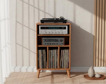Consola multimedia con soporte para tocadiscos y almacenamiento de vinilos: mueble estéreo Hi-Fi, soporte para tocadiscos, estilo moderno de mediados de siglo, con bordes redondeados.