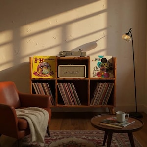Può includere: Un mobile in legno per la conservazione dei dischi con giradischi, altoparlante e dischi in vinile. A sinistra c'è una poltrona in pelle arancione con una coperta. Un tavolino rotondo con una tazza e delle riviste è di fronte alla sedia. Una lampada da terra è a destra.