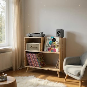 Può includere: Una mensola in legno chiaro per dischi con giradischi, altoparlante e altoparlante Marshall. La mensola contiene dischi in vinile e un album. Una poltrona grigia è nelle vicinanze.