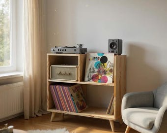 Handmade Mid Century Modern Record Player Stand, Customizable Vinyl Storage