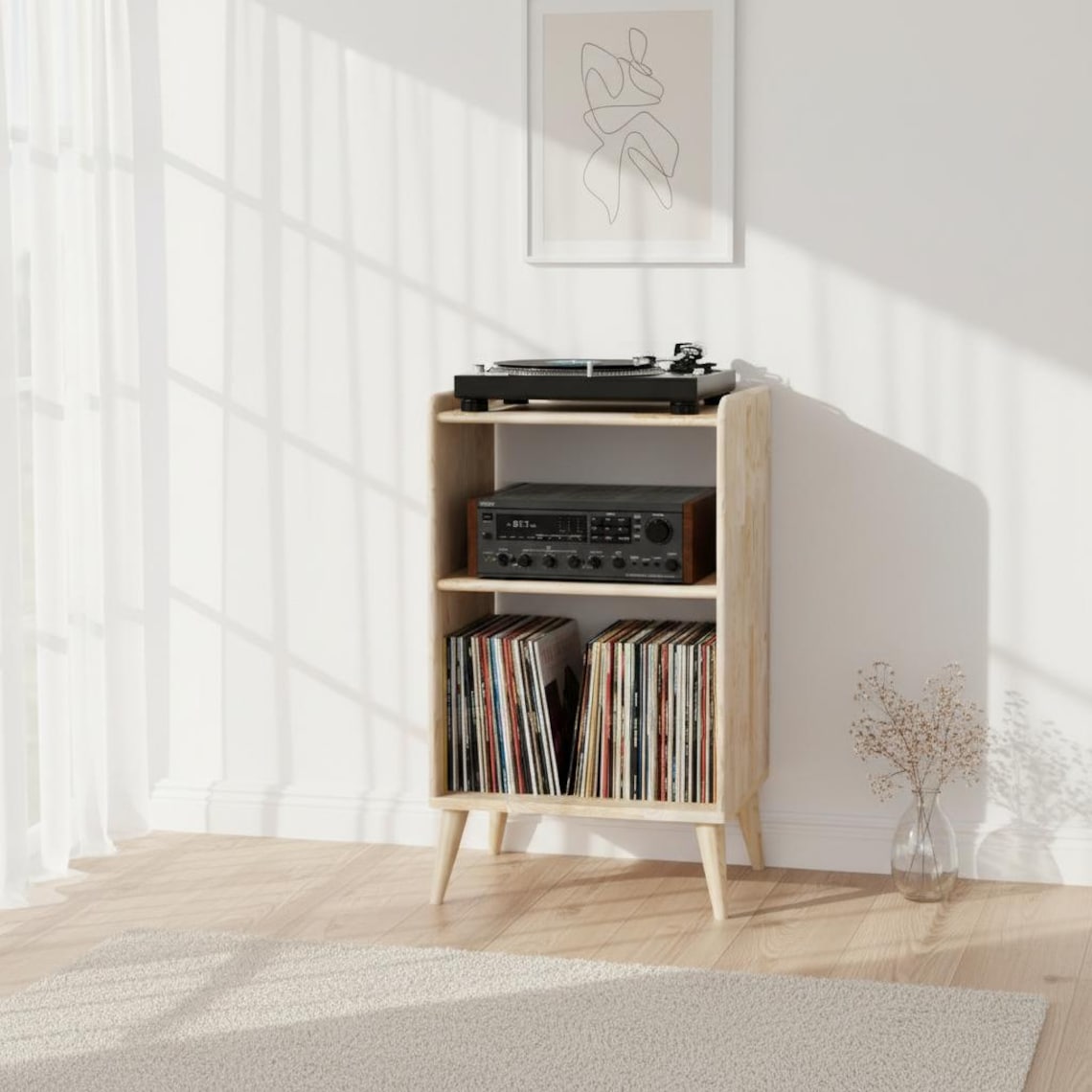 Mid Century Modern Wooden Record Player Stand With Vinyl Storage ...