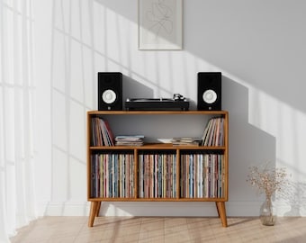 Plattenspieler-Ständer mit Vinyl-Aufbewahrung, Mid Century Modern Plattenspieler-Ständer, Vinyl-Aufbewahrungsschrank aus Holz