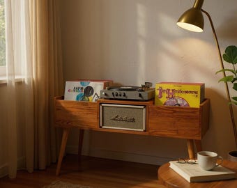 Handmade Mid Century Modern Record Player Stand with Vinyl Storage