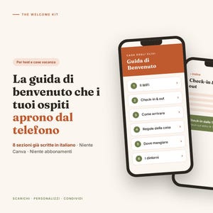 Può includere: Un modello di guida di benvenuto digitale per host visualizzato su due smartphone. Lo schermo mostra testo in italiano, tra cui Casa degli Ulivi, Guida di Benvenuto e un elenco numerato di sezioni come Il WiFi, Check-in & out e Regole della casa.