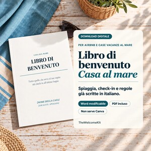 May include: A digital welcome book template for beach vacation rentals featuring a white cover with the text LIBRO DI BENVENUTO and a secondary information card with the text Libro di benvenuto Casa al mare, Word modificabile, and PDF incluso.