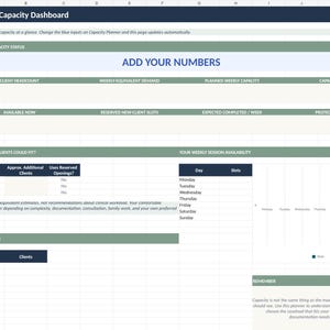 May include: A digital Caseload + Capacity Dashboard spreadsheet template featuring sections for client headcount, weekly demand, capacity status, session availability, and caseload mix with headers in dark blue and sage green accents.