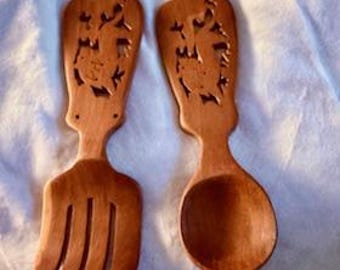 Hand carved vintage wooden spoon and fork.