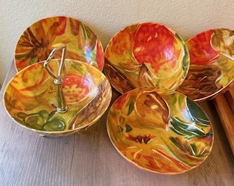 Vintage MCM snack bowl and 4 larger bowls fiberglass resin in bright bold florals