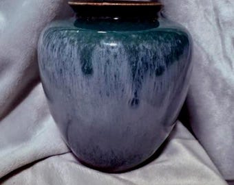 Vintage art studio ceramic vase, vibrant blue hues, pristine condition.