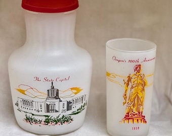 Vintage Oregon 1959 100th Anniversary pitcher and one glass.