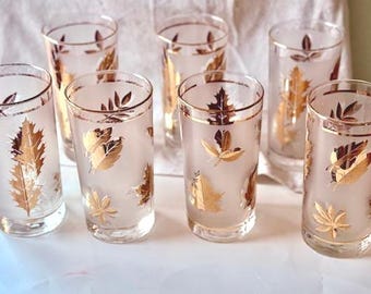Vintage Libbey "Golden Foliage" 22 K gold leaf pattern on frosted highball glasses.