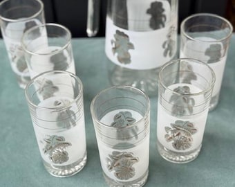 MCM Highball pitcher and six glasses. Frosted leaf motif.