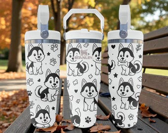 Husky graverad Stanley sugrörsmugg – frostvit – söt hunddesign – 59 cl 89 cl 101 cl rostfritt stål