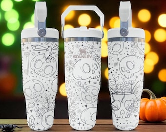 Vaso térmico con diseño floral de calaveras adorables – Vaso con pajita abatible grabado para Halloween – 20 oz, 30 oz, 40 oz, estilo Stanley