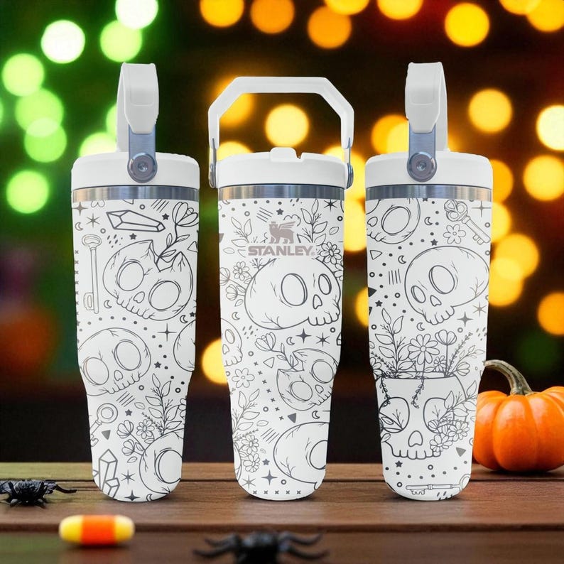 Cute Skulls Floral Tumbler – Engraved Halloween Flip Straw Cup – 20oz 30oz 40oz Stanley Style image 1