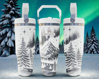 Vaso Stanley con pajita y grabado de la aurora boreal – Blanco escarcha – Bosque nocturno de la aurora – Taza de acero inoxidable de 20 oz, 30 oz y 40 oz