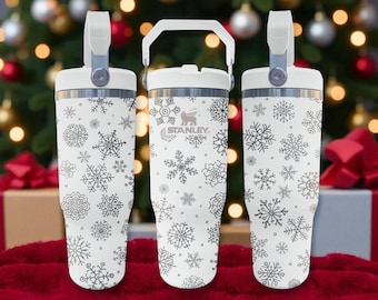 Snowflake Engraved Flip Straw Tumbler – Frost White – Elegant Winter Snow Cup – 20oz 30oz 40oz Stainless Gift