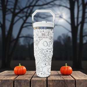 Cute Skulls Floral Tumbler – Engraved Halloween Flip Straw Cup – 20oz 30oz 40oz Stanley Style image 4