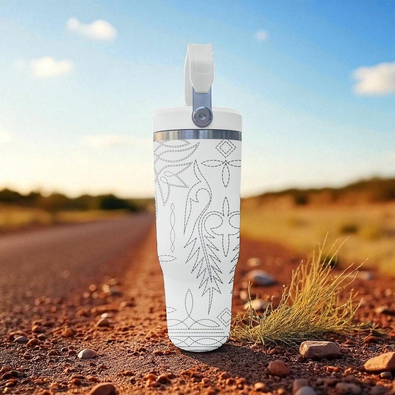Western Boot Stitch Engraved Flip Straw Tumbler – Frost White – Country Cowgirl Style – 20oz 30oz 40oz Stainless Steel image 4