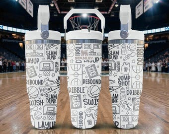 Vaso Stanley con pajita y grabado de baloncesto – Blanco escarcha – Diseño para el día del partido – 20 oz, 30 oz y 40 oz