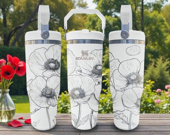 Poppy Engraved Stanley Flip Straw Tumbler – Frost White – Floral Line Art – 20oz 30oz 40oz Stainless Cup