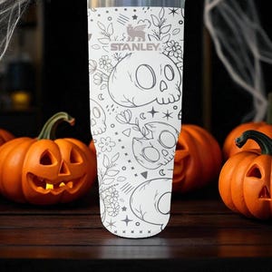 Cute Skulls Floral Tumbler – Engraved Halloween Flip Straw Cup – 20oz 30oz 40oz Stanley Style image 6