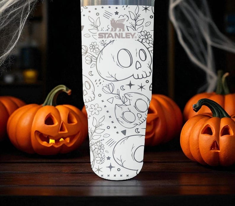 Cute Skulls Floral Tumbler – Engraved Halloween Flip Straw Cup – 20oz 30oz 40oz Stanley Style image 6