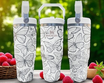 Butterfly Engraved Tumbler – Elegant Flip Straw Cup – 20oz 30oz 40oz Gift for Her