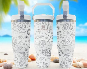 Gravierter Ocean Life Becher - Meeresschildkröten-, Quallen- und Muschel-Design - 20oz-30oz-40oz-Tasse