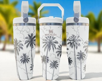 Palm Tree Flip Straw Tumbler – Tropical Beach Engraved Cup – Summer Ocean Travel Gift – 20oz 30oz 40oz