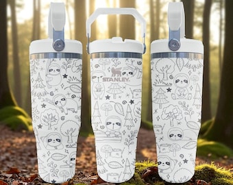 Sloth Forest Engraved Flip Straw Tumbler – Frost White – Cute Woodland Animal Design – 20oz 30oz 40oz Stainless Cup