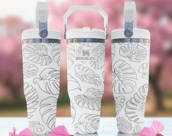 Vaso con hoja de Monstera grabada – Vaso con pajita tropical – Frost (20 oz, 30 oz, 40 oz)
